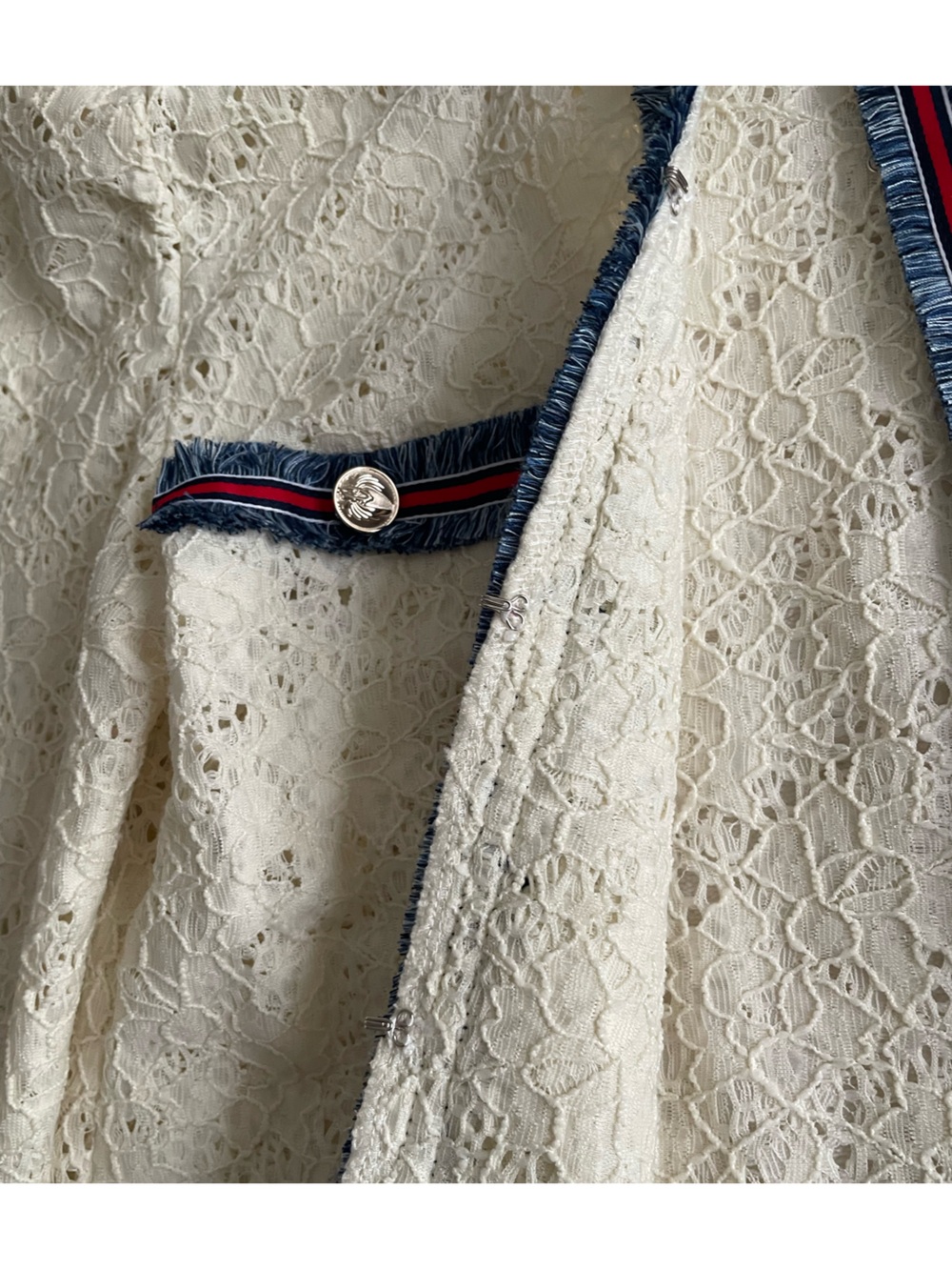 Gracia Cream Lace Tweed Jacket with Navy & Red Trim - Picture 3 of 9